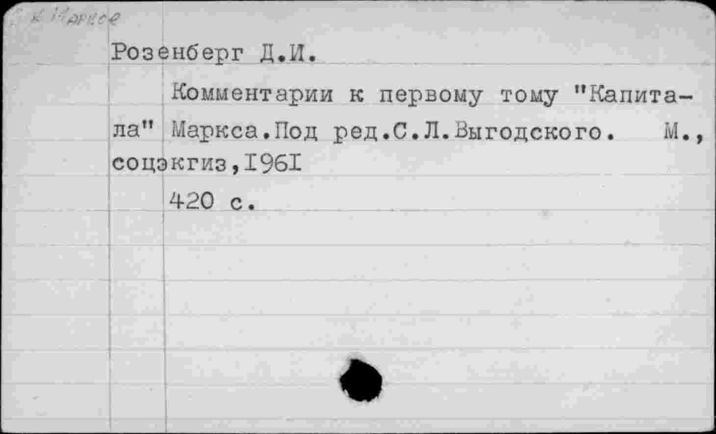 ﻿’■АРКе-С
Розенберг Д.И.
Комментарии к первому тому "Калита ла" Маркса.Под ред.С.Л.Выгодского.	М
соцэкгиз,1961 420 с.